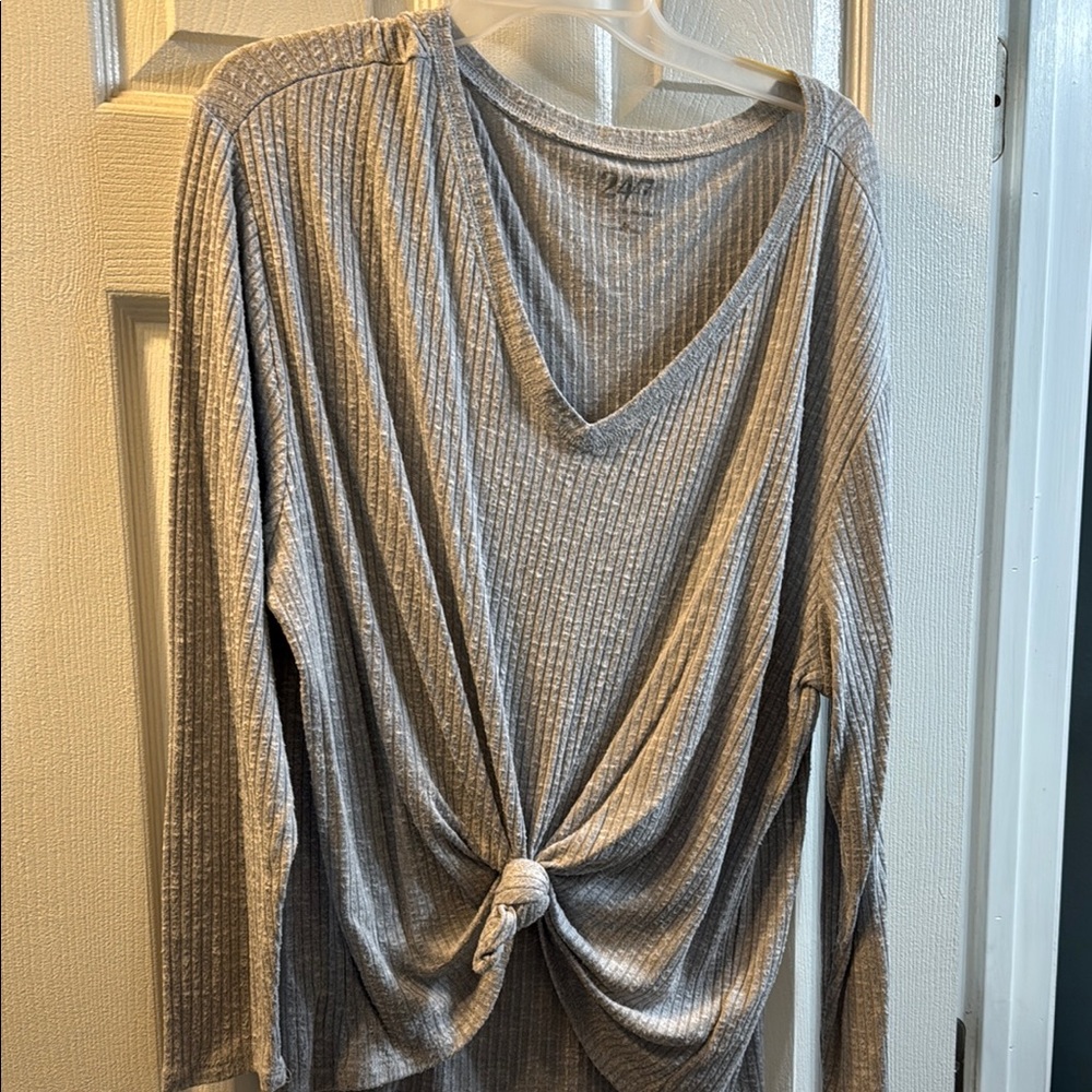 Gray Ribbed Long Sleeve Tie Front Blouse
